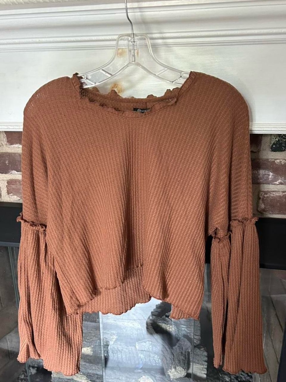 Versona Rust Brown Textured Bell Sleeve Long Sleeve Top
